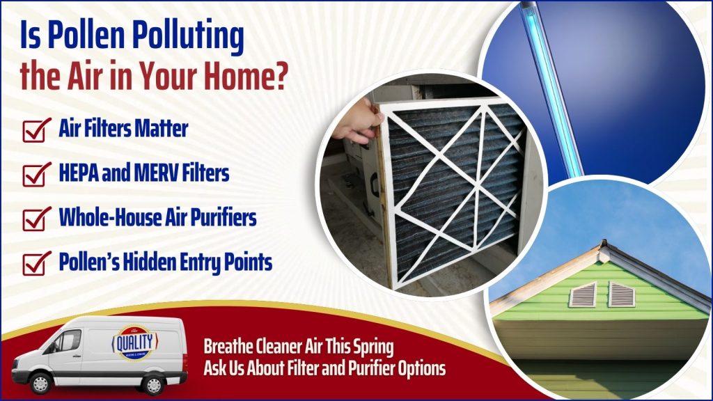 This is an image of an ultraviolet light, an air filter and roof fence of a house. The headline reads is pollen polluting the air in your home?