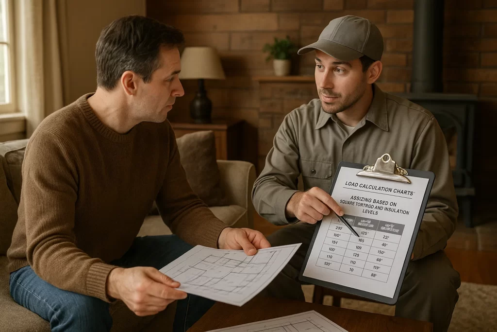 Technician explaining AC sizing using blueprints and load charts to homeowner