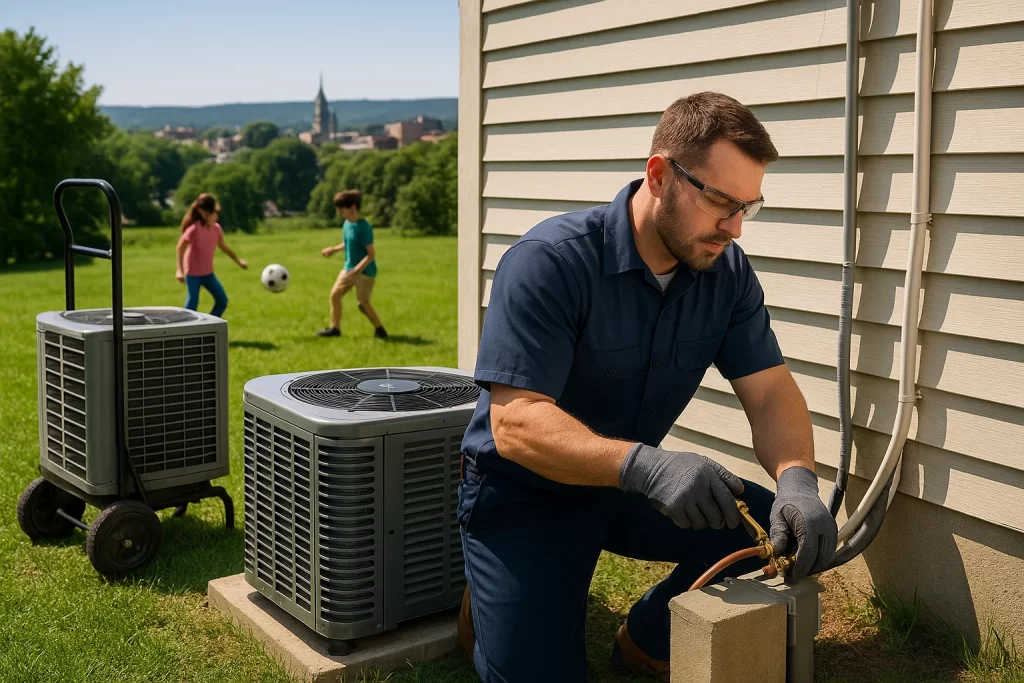Technician installing new AC condenser beside home with old unit nearby