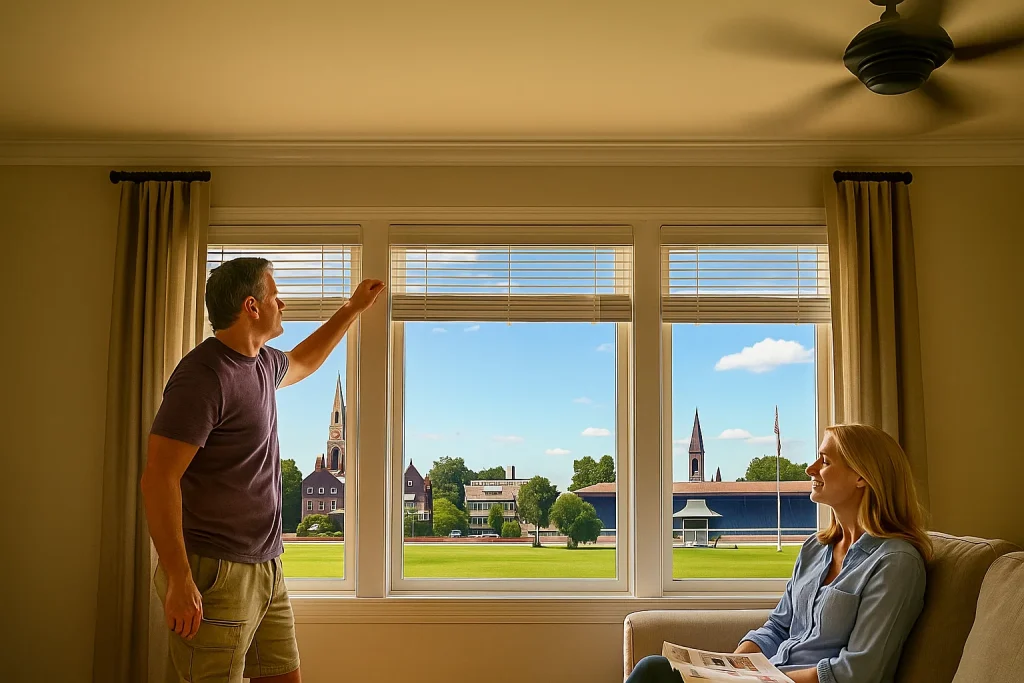 Homeowner closes blinds and runs ceiling fan to stay cool during New York heatwave