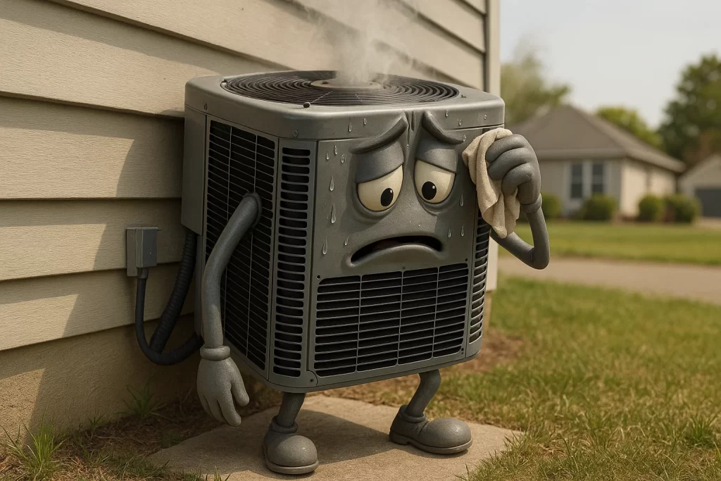 The cartoon version of an AC condenser unit sweating and looking overworked on the side of the house