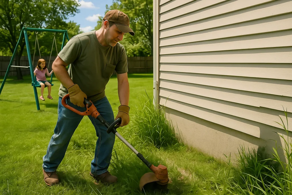 An image of a homeowner using a weed wacker to clear a space for a new AC unit.