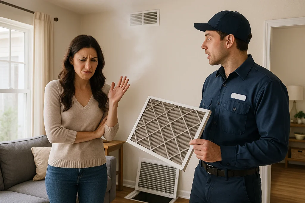 Technician explains moldy AC odor to homeowner while inspecting dirty air filter