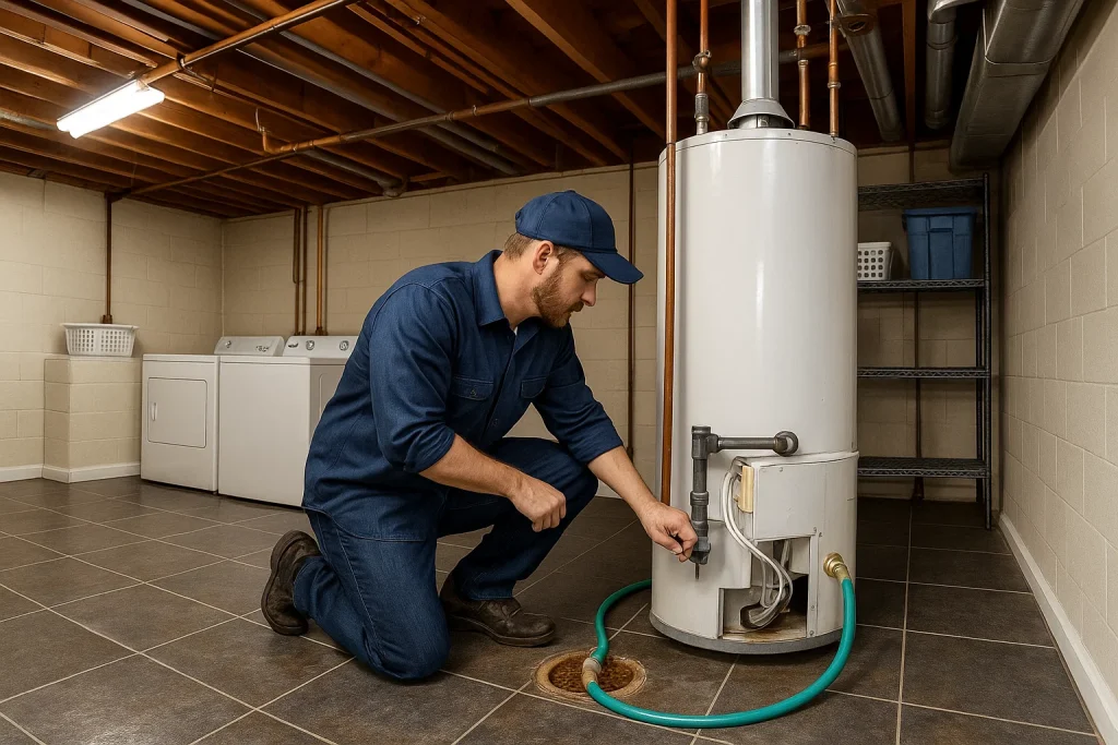 An image of a plumber flushing, a water heater in a residential basement
